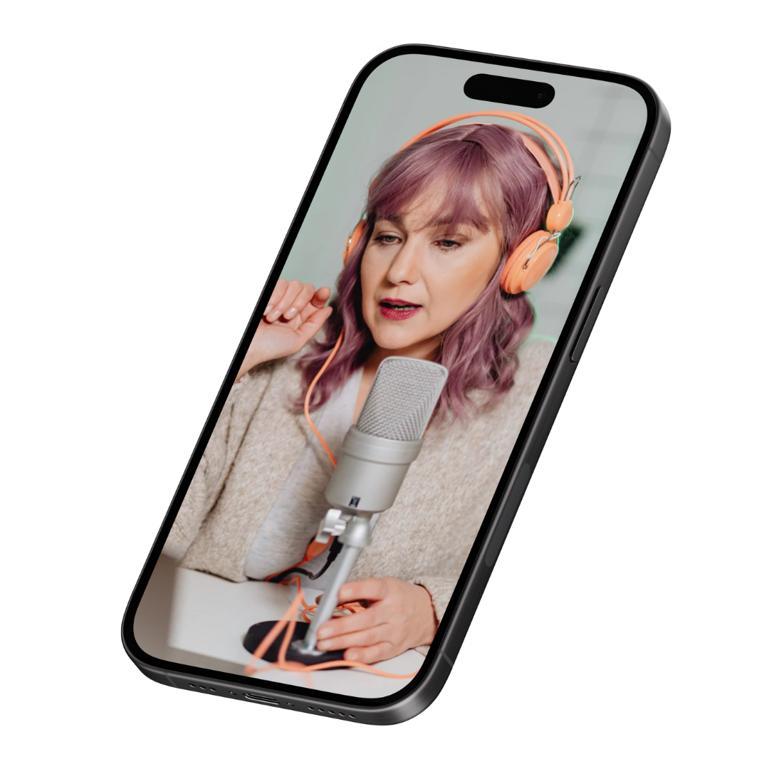 Photo of influencer talking on podcast on an Iphone mockup